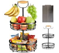 Vyranut Cestino per Frutta 2 Ripiani con Supporto per Banane e Design Rimovibile - Contenitore Salvaspazio in Metallo per Verdura, Include Tappetino per Scolatura per Frutta e Verdura Fresca, Nero
