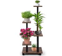 Vyranut Porta Piante a 5 Ripiani con Ruote, 85 cm di Altezza, Scaffale Quadrato in Legno e Metallo, Stabile e Salvaspazio per Soggiorno, Balcone e Giardino