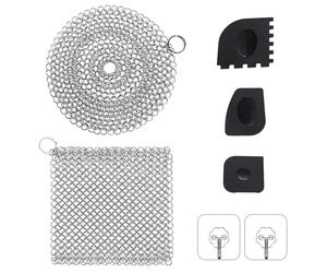 VZU Set detergente per ghisa in acciaio inox 316, anello e detergente quadrato con 3 raschietti e 2 ganci adesivi, rimuove facilmente i residui di cibo su forno olandese, wok, padelle e tè in vetro