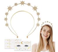 VZXQX Cerchietto Stelle Oro, Cerchietto Stelle Paillettes con Strass e Adesivi Viso Stelle Luna per Bambina Donna, Fascia Capelli Stelle di Natale Accessori Capelli per Carnevale Festa Compleanno
