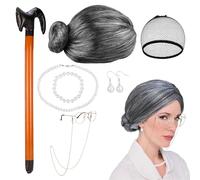 W Rxkiocs 7 Pezzi Parrucca Nonna Parrucche Nonna Set per Vestire la Nonna con Parrucca con Occhiali Gioielli Perle e Bastone da Passeggio per Occasioni di Carnevale in Maschera Cosplay