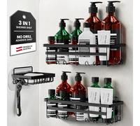 W&S Mensola Doccia Senza Foratura Set di 3 - Porta Sapone in Acciaio Inox | 2 Mensole Bagno + 1 Portasapone | Accessori Cucina, Porta Shampoo da Appendere, Porta Bagnoschiuma - Nero