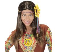 W WIDMANN MILANO Party Fashion 04657 - Parrucca Hippie, marrone, con fascia di fiori, carnevale, festa a tema