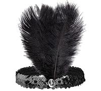 W WIDMANN MILANO Party Fashion 8668F - Cerchietto di paillettes con 2 piume e 1 gioiello, nero, anni '20, Charleston, flapper, festa a tema, carnevale