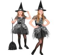 WIDMANN MILANO Party Fashion - Costume da strega per bambini, 2 pezzi, vestito e cappello, nero e argento, ragnatela, fiaba, costume, travestimento, festa a tema, carnevale, Halloween