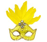 Maschera brasiliana gialla fluorescente con paillettes olografiche, gemme, finitura in paillettes oro e piume da donna