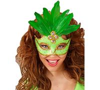 Maschera brasiliana verde fluorescente con paillettes olografiche, gemme, finitura in paillettes oro e piume da donna
