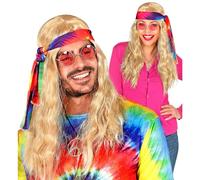 W WIDMANN MILANO Party Fashion - Parrucca hippie con fascia batik, capelli sintetici ricci, flower power, reggae, carnevale