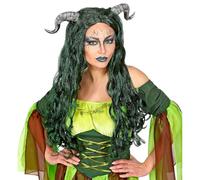 W WIDMANN MILANO Party Fashion - Parrucca Strega della foresta con corna | Parrucca verde a capelli lunghi per look da fata e maga ad Halloween, Carnevale e feste a tema