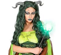 W WIDMANN MILANO Party Fashion - Parrucca Strega della foresta con corna | Parrucca verde a capelli lunghi per look da fata e maga ad Halloween, Carnevale e feste a tema