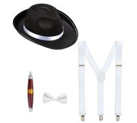 W WIDMANN MILANO Party Fashion - Set accessori gangster anni '20 | Set da 4 pezzi con cappello, bretelle, papillon e sigaro finto - Accessori per costumi di Carnevale e feste a tema