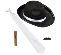 WIDMANN MILANO PARTY FASHION - Set costume da selvaggio anni '20, 4 pezzi, cappello, cravatta, baffi e sigaro, Charleston, gangster, boss mafioso, accessori