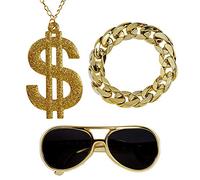 W WIDMANN MILANO Party Fashion - Set da travestimento da protettore | Occhiali da sole, collana e braccialetto con simboli del dollaro, pimp, rapper, accessori per il Carnevale e le feste a tema