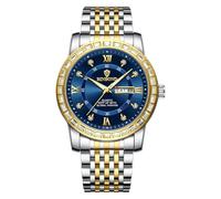 W WOLF-CUB Orologi da uomo alla moda con quadrante diamantato al quarzo, visualizzazione settimanale, impermeabile, orologio da uomo, Oro e blu, Affari