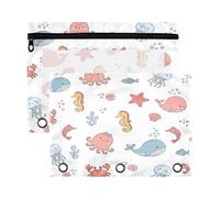 Waassud Astuccio per matite Kawaii Sea Creatures per raccoglitori a 3 anelli, confezione da 2 custodie trasparenti con fori rinforzati, cerniera liscia, impermeabile, per scuola e ufficio