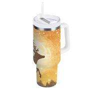 Waassud Bicchiere da caffè con renna che salta con manico e cannuccia, a tenuta stagna, in acciaio inox, regalo da viaggio per donne, 850,5 g