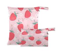 Waassud Borsa a secco con fragole e fiori, riutilizzabile, organizer per pannolini, con 2 tasche con cerniera per costume da bagno e abbigliamento da palestra