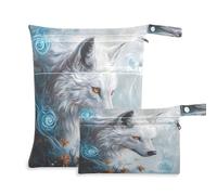 Waassud Borsa per pannolini con lupo bianco con occhi arancioni, borsa riutilizzabile per bagnato, organizer per pannolini, con 2 tasche con cerniera, per costume da bagno e abbigliamento da palestra,
