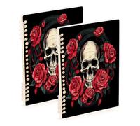 Waassud Quaderno a spirale con teschio con rose rosse, per lavoro, università, quaderni a righe staccabili, 60 pagine, formato A5, forniture per ufficio, confezione da 2