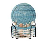 Waassud Set di 6 sottobicchieri in legno blu con stella marina con supporto, sottobicchieri rotondi assorbenti da 10 cm, per bevande, sottobicchieri in tessuto per proteggere il tavolo, cucina