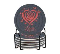 Waassud Set di 6 sottobicchieri rotondi assorbenti da 10 cm, con supporto, motivo rosa rossa, per bevande, in tessuto, per proteggere la tavola, cucina, ufficio, scrivania