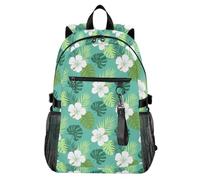 Waassud Zaino per computer portatile con fiori di ibisco bianco e foglie di palma, per donne e uomini, zaino da viaggio casual da 20 l, con scomparto per notebook da 14 pollici, zaino leggero per