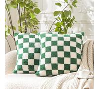 WACOMECO Federa decorativa per cuscino - morbide federe per cuscino in finta pelliccia Sherpa a scacchiera, per divano, camera da letto, soggiorno, auto, 45,7 x 45,7 cm, verde scuro e bianco sporco