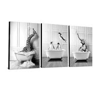 WADBTP Immagini da bagno, in bianco e nero, divertenti animali nella vasca da bagno, per soggiorno, bagno, camera da letto, senza cornice, 3 pezzi, 40 x 60 cm