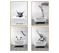 WADBTP Immagini da bagno, in bianco e nero, divertenti animali nella vasca da bagno, per soggiorno, bagno, camera da letto, senza cornice, (4 pezzi, DW3, 4 pezzi, 30 x 40 cm)