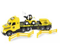 Wader 36431 - Magic Truck Low Loader con Escavatore, Barriere e fari Illuminati, Dimensioni Circa 79 cm, per Bambini dai 3 Anni in su, Adatto Come Regalo per Il Gioco Creativo