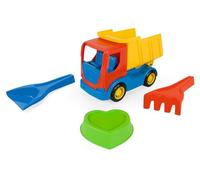 Wader 70421 - Tech Truck ribaltabile con set di giocattoli di sabbia, ribaltabile, pala, rastrello e stampo di sabbia, 4 pezzi, per bambini a partire da 12 mesi