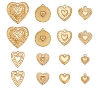 WADORN 16 ciondoli a forma di cuore in ottone con 8 stili, diversi ciondoli dorati, a forma di amore, con anello di piegatura, in metallo, per fai da te, per la creazione di gioielli