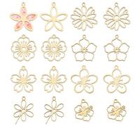 WADORN 16 ciondoli a forma di fiore in 8 stili, con lunetta posteriore aperta, in acciaio inox 201, vintage, con mini cornice cava a forma di fiore, per gioielli fai da te, collane e braccialetti