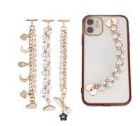 WADORN 3 ciondoli a catena per cellulare con perline, con perline di perle, per cellulare, con ciondolo a forma di cuore, luna, con strass, catena in oro, universale, per cellulare, da donna