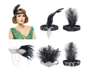 WADORN 5 pezzi 1920 nero flapper fascia per Halloween strass flapper copricapo con piume e cristalli, set di fasce per capelli ruggenti anni '20, accessori per capelli fascinator per donne costume da