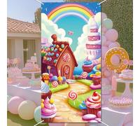WADORN Banner di Decorazione per Compleanno Sweet Candyland, Lecca Lecca Caramelle Arcobaleno Sfondo Fotografia Sfondo Cartone Animato Gelato Dessert Lecca Lecca Appeso Festa Banner, 90x180cm