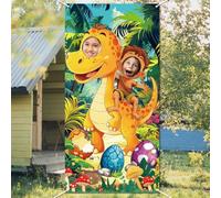 WADORN Banner Porta Foto Festa Dinosauri, Sfondo Fotografico Divertente con Dinosauro per Festa di Compleanno Giungla Tropicale Grande Faccia In Tessuto Bucato Striscione Appeso con Corda, 90x180cm
