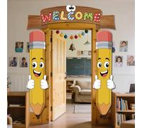 WADORN Sfondo decorativo per feste a tema con scritta "Welcome Back to School", 2,7 x 1,5 m, a forma di matita e righello, sfondo fotografico a tema accogliente per il primo giorno in classe forniture