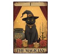 WADORN Targa In Metallo con Scritta "Tarot Cat", Targa In Latta Retrò Divertente Da 20x30cm per Caffè Pub Bar Casa Vintage con Scritta "Il Mago I Tarocchi Il Gatto Il Cappello" Poster Da Parete