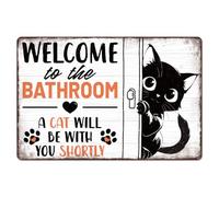 WADORN Targa in metallo vintage per bagno con gatto, 20 x 30 cm, con scritta "Welcome to the bathroom a cat will be with you shortly", divertente targa decorativa in metallo per WC e bagno
