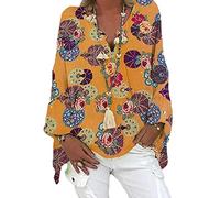 WAEKQIANG Camicia Ampia da Donna, Casual A Maniche Lunghe, Tinta Unita Con Stampa Scollo A V, Irregolare Primaverile, Oversize Retrò