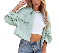 Waffle Jacket Turn Collar Short with Pocket Button Down Shirts Jacket Long Sleeve Drop Shoulder Coat