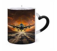 WAFICAC Aereo militare che atterra sulle piste dell'aero militare contro una splendida tazza cangiante Du da 11 once, tazza HeatCoffee con manico a forma di orecchio, divertenti tazze in ceramica