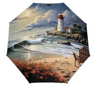 WAFICAC Ombrello antipioggia per apertura e chiusura automatica Sea Lighthouse Sandbeach Travel Antivento Portatile