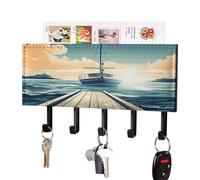 WAFICAC Portachiavi a tema marino con barca, organizer decorativo da parete con 5 ganci portachiavi adesivi, porta chiavi con vassoio, appendiabiti da parete per ingresso, porta, bagno, cucina