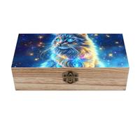 WAFICAC Scatola di legno con coperchio a cerniera, portaoggetti decorativo per orecchini e gioielli, motivo: gatto con cielo stellato
