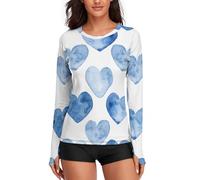 WAFICAC Top da Donna con Cuori Blu Disegnati a Mano, Maniche Lunghe, Top Estivi Casual da Donna, t-Shirt da Allenamento in Seta Ghiaccio