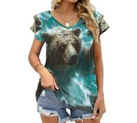 WAFICAC Top Estivo da Donna con Orso Grizzly Che sfonda Un Muro, Maniche Corte con Volant e Scollo a V, Maglietta Casual dalla vestibilità Ampia.