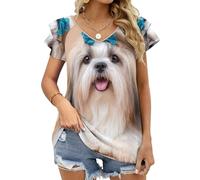WAFICAC Top Estivo da Donna con Stampa di Un Tico Cane Shih Tzu, Maniche Corte con Volant e Scollo a V, Maglietta Casual dalla vestibilità Ampia.