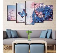 WAGYU - Quadro multipannello 5 Pannelli, XXL 125x60CM Con cornice - Farfalle Blu Fiori Di Ortensia Pianta Di Girasole pittura dipinti su tela moderni soggiorno Decor Regalo